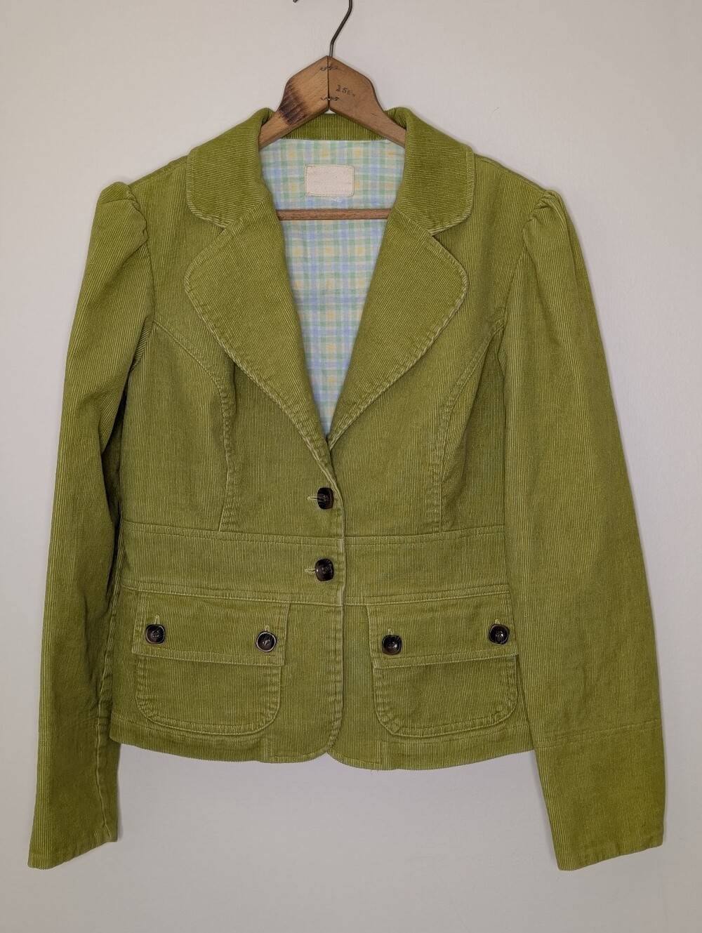 Rue 21 Bright Green Corduroy Blazer Fitted Waist Puff Sleeves Women's Medium